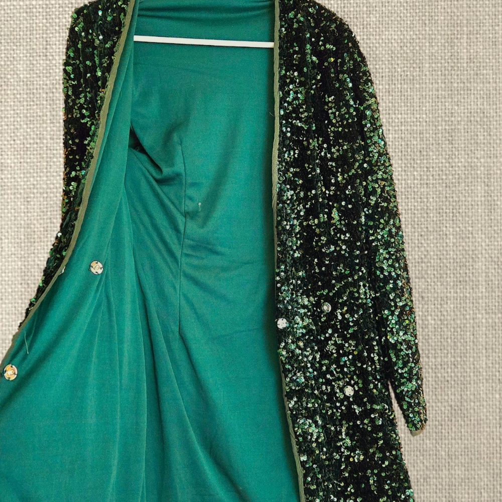 Deep Forest Green Sequined Jacket / Mini Wrap Dre… - image 6